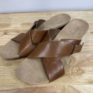 Vionic Orthaheel Libbie Brown Wedge Slide Sandals Heels Shoes Womens 9 MM